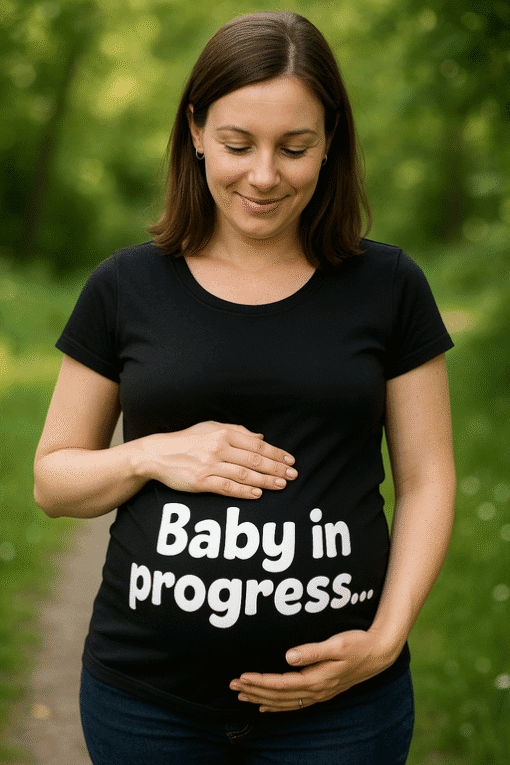 Nadmudrena trudnica u prirodi, odjevna majica s porukom Baby in progress.