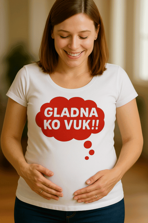 елаžna osoba s majicom s natpisom "Gladna ko vuk!!" za modne majice, unikatne dizajne za sve prilike.