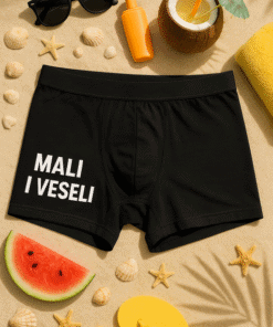 Ljetne muške kupaće gaće s ispisom "MALI I VESELI".