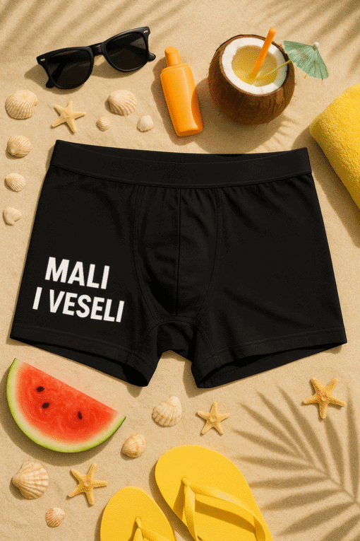Ljetne muške kupaće gaće s ispisom "MALI I VESELI".