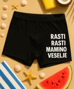 Plaveći šorc s printom, papirnate školjke i voće, ljetni make-up, trendy, comfortable, za plažu ili bazen.