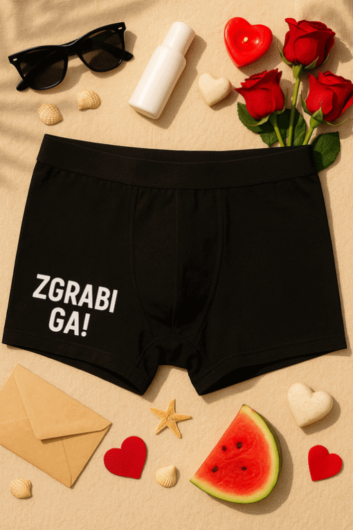 Šalica za sunčane naočale, maramica, boce, ruže, voće i ukrasne srca na plahti sa gaćicama.