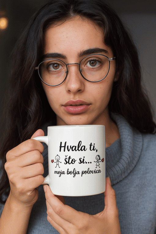 Ženska s naočalama drži šalicu s porukom, poznata marka Top-majice.hr.