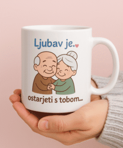 Voljeni stariji par na šalici s porukom za starije osobe.