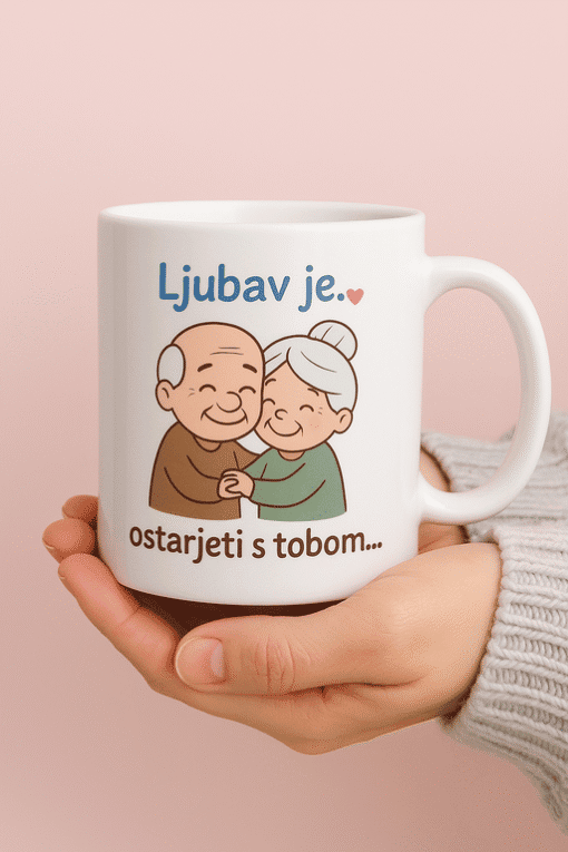 Voljeni stariji par na šalici s porukom za starije osobe.