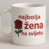 Žena s ružom na bijelom šalici, idealno za darove i osobne poklone.