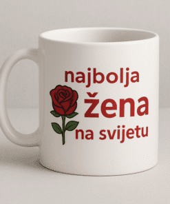 Žena s ružom na bijelom šalici, idealno za darove i osobne poklone.