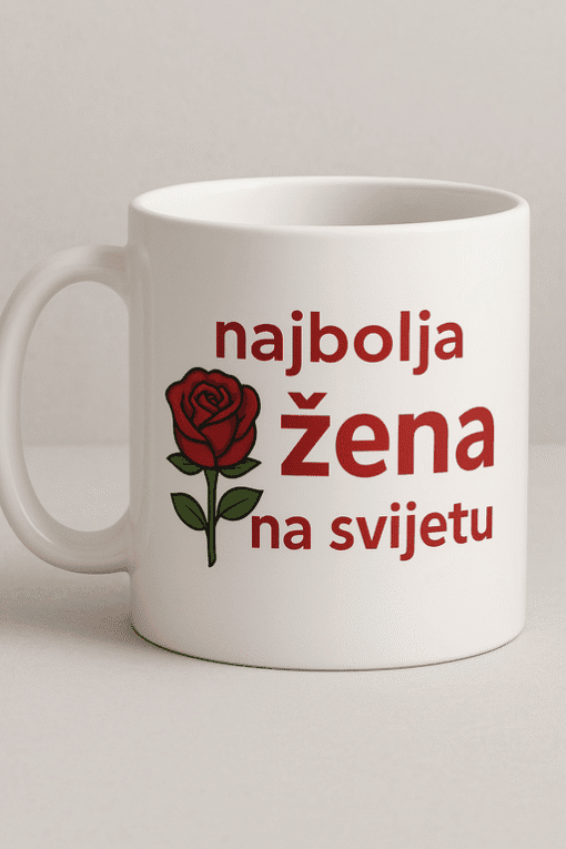 Žena s ružom na bijelom šalici, idealno za darove i osobne poklone.
