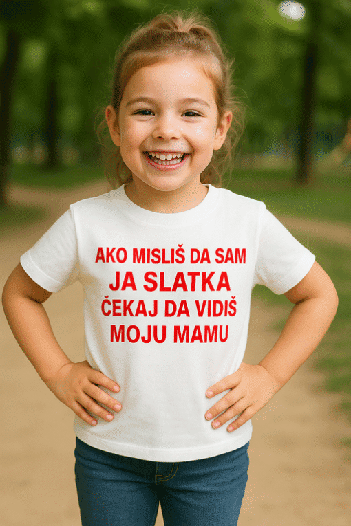 Srce na majici s porukom za mame i djecu, idealno za zabavne i personalizirane majice za posebno povezivanje.