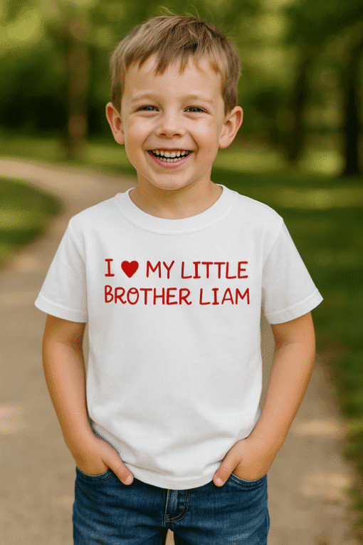 1. Dijete u majici s natpisom "I ❤️ MY LITTLE BROTHER LIAM".