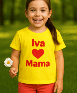 Iva ❤️ Mama, djevojčica s osmijehom na licu, drži cvijet u prirodnom okruženju.