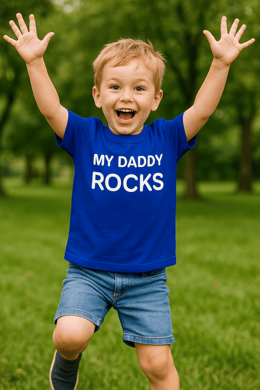 1. Dijete s majicom "My Daddy Rocks" u prirodi, dječja odjeća za svaki dan.