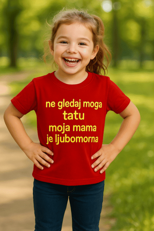 1. Dječja majica s humorističnim natpisom "ne gledaš moga tatu, moja mama je ljubomorna".