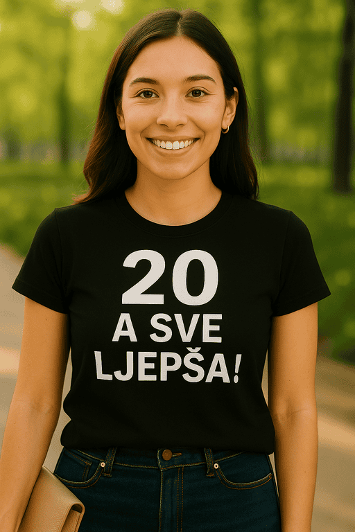 ☆Ženska u crnoj majici s natpisom "20 A SVE LJEPŠA" u parku, modni i personalizirani tisak za sport i svakodnevno nošenje.☆.
