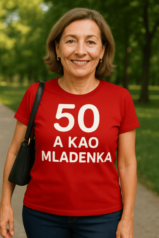 Nasmiješena žena s majicom za rođendan, outdoor, priroda, top-majice.hr.