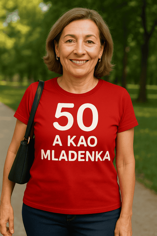 Nasmiješena žena s majicom za rođendan, outdoor, priroda, top-majice.hr.