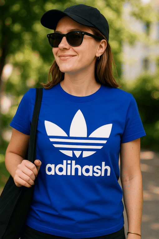 Tkanice Adidas adihash na ženskoj plavoj majici, zabavan i sportski izgled.