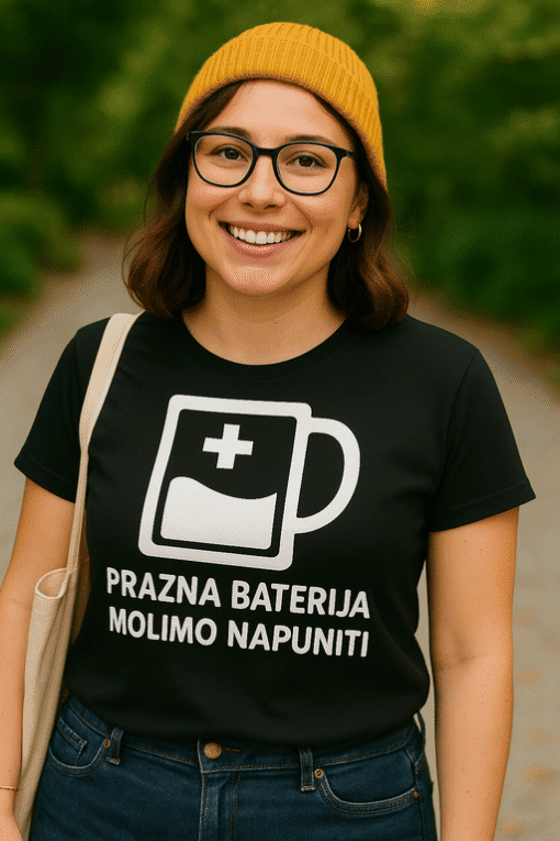 1. Šalica s natpisom "Prazna baterija molimo napuni" printed t-shirt za ljubitelje humora.