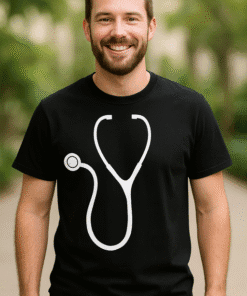 Lijepa osoba u majici s medicinskom temom, posao, zdravlje, medicinska oprema.