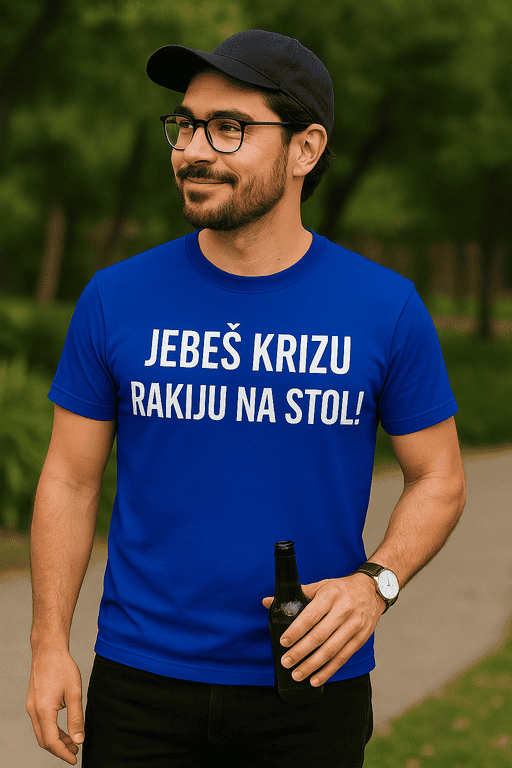 Nasmiješeni mladić u plavoj majici s natpisom za društvo i zabavu.
