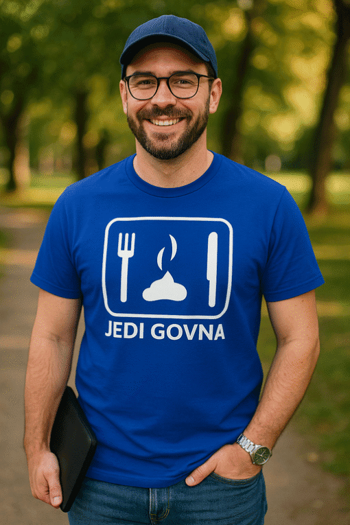 Jedi Govna majica, humoristični dizajn, modri T-shirt za ljubitelje geek kulture i humora.