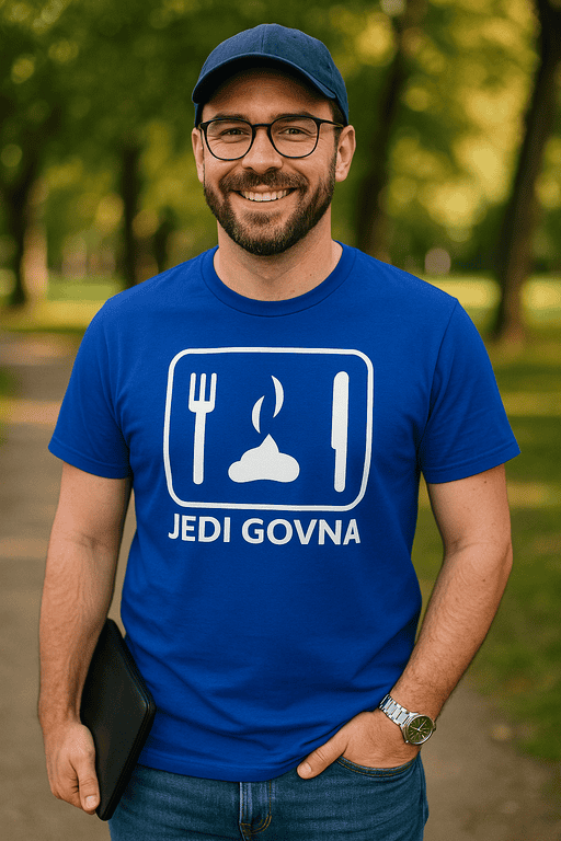 Jedi Govna majica, humoristični dizajn, modri T-shirt za ljubitelje geek kulture i humora.