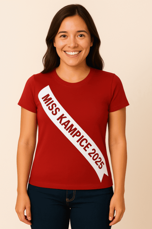 Miss Kampice 2025, natpis na majici, odjeća za promociju i događanja, moderna odjeća za Miss Kampice 2025, osobni stil i fashion.