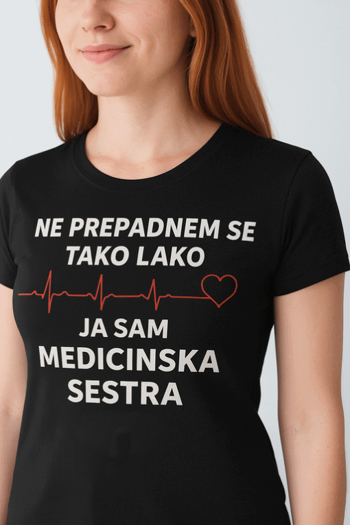 Medicinska sestra majica s porukom za zdravlje i zaštitu, jednostavan i moderan dizajn za medicinsko osoblje.