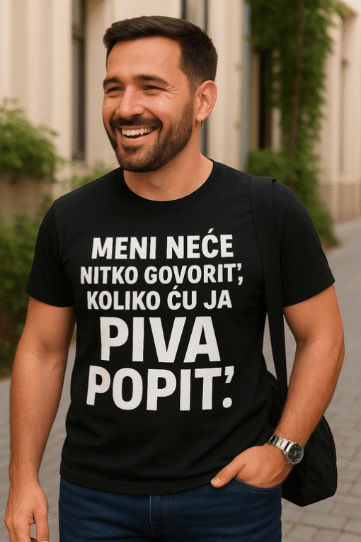 Nasmiješeni muškarac u crnoj majici s humorističkim natpisom, urbani stil, markirana odjeća.