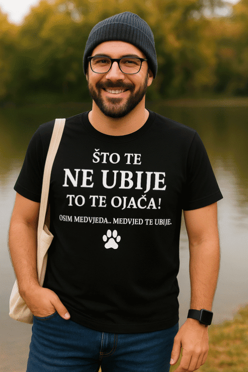 Natpis majice zaštita od medvjeda, teška varijanta, šala, orijentacija na sigurnost, outdoor odjeća, majice za ljubitelje prirode.