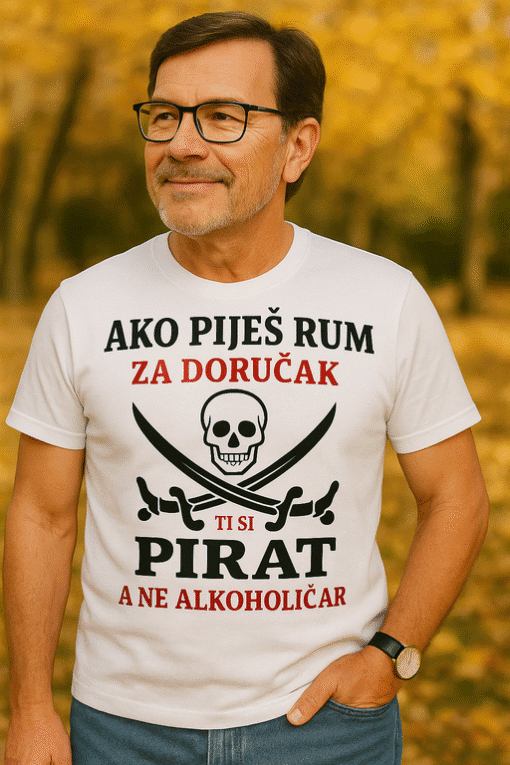 Brza, unikatna majica s piratskim motivom, savršena za odmor i svakodnevnu upotrebu.