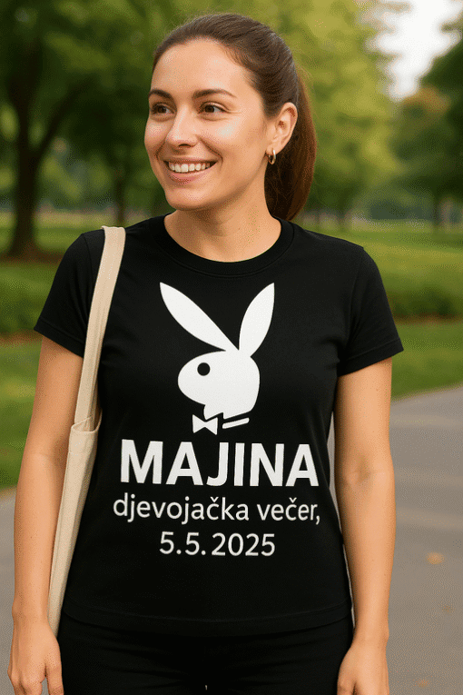 Ženska u crnoj majici s PlayBoy Playboy logom i tekstom za Majinu večer, 5.5.2025.