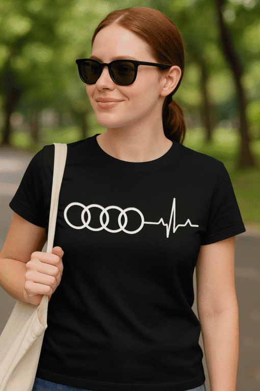 Audi logo i srce na majici, moderna sportska odjeća, idealna za ljude koji vode aktivan život.