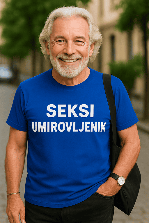 Seksi umirovljenik na urbanom izletu u modnoj majici sa sloganom.