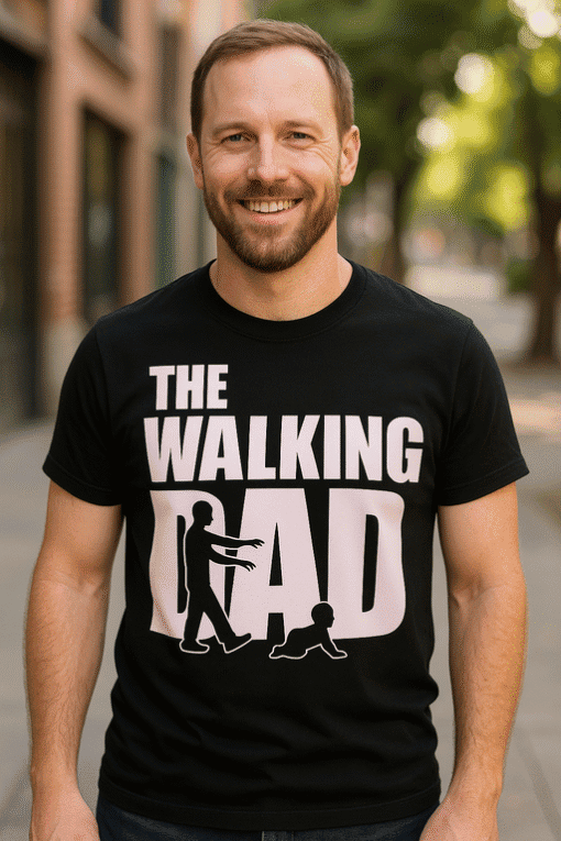 Šalica s potpisom "The Walking Dad" na crnoj majici, urbani stil, idealno za roditelje i obitelj.