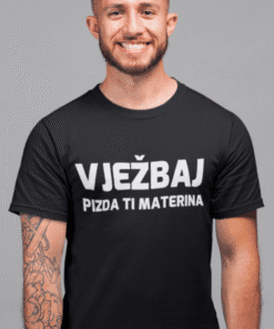 Majica s natpisom Vježbaj pizza ti materina, sportski dizajn, muška sportska majica za aktivnost i treniranje.