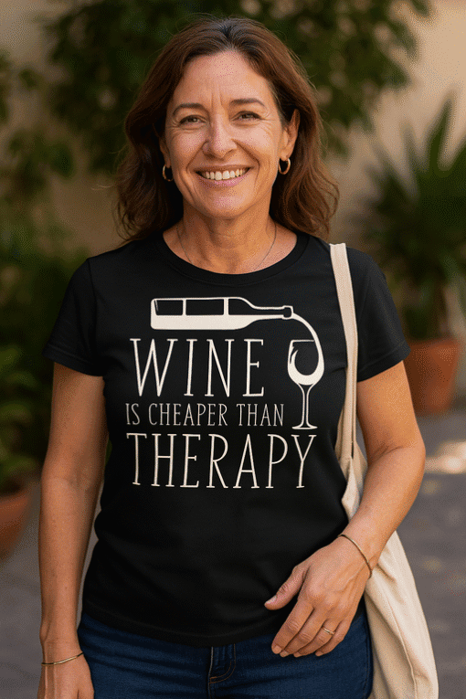 Byline: person wearing wine-themed t-shirt smiling outdoors, casual style, promotional fashion, wine lover gift idea, Top-majice.hr.