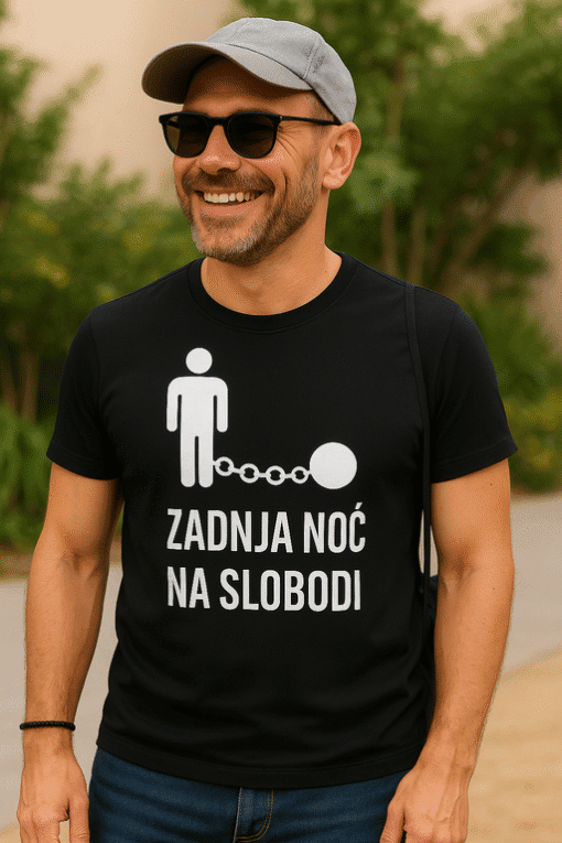 Plavi majica s natpisom, humor, i logo za poklon, otisak na majicama, sa sloganom "Zadnja noć na slobodi".