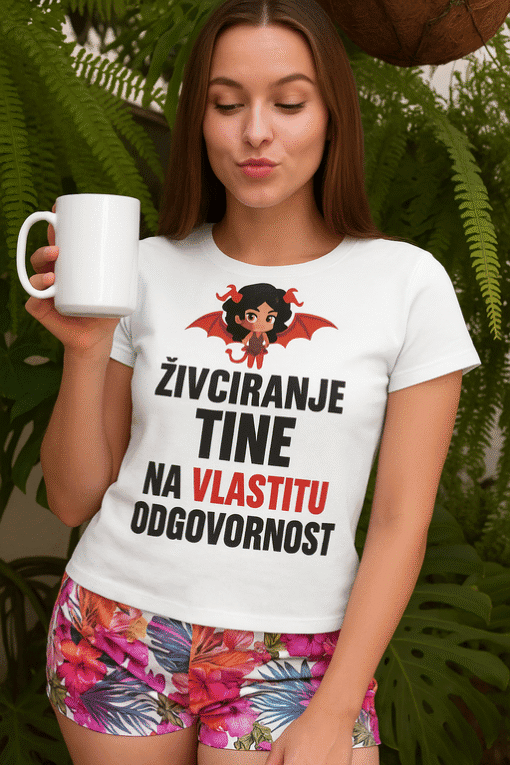 Šaljiva majica s crvenom čudovišnom ilustracijom i porukom o odgovornosti, idealna za odvažne uzorke od TOP-Majice.hr.