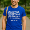 Znanstveno istraživanje na majici, slogan o važnosti istraživanja i znanosti.