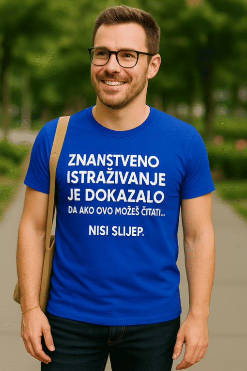 Znanstveno istraživanje na majici, slogan o važnosti istraživanja i znanosti.