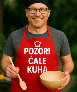 Kuhar s natpisom POZOR! ČALE KUHA, u crvenoj kecelj i šeširu, s drvenom žlicom i zdjelom.