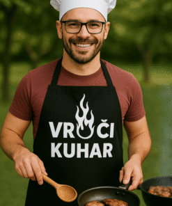 Dimenzionski uređeni i profesionalni kuhar u bijelom šeširu i suncobranu, priprema jelo na otvorenom, fokus na kvalitetne majice za kuhinju i promociju branda.