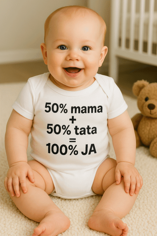 100% majica za bebe s humanoškim tekstom, prikazuje ljubav i suradnju roditelja.