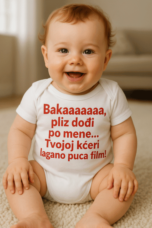 Beba na slici nosi majicu s humorističnim natpisom za dječje majice.