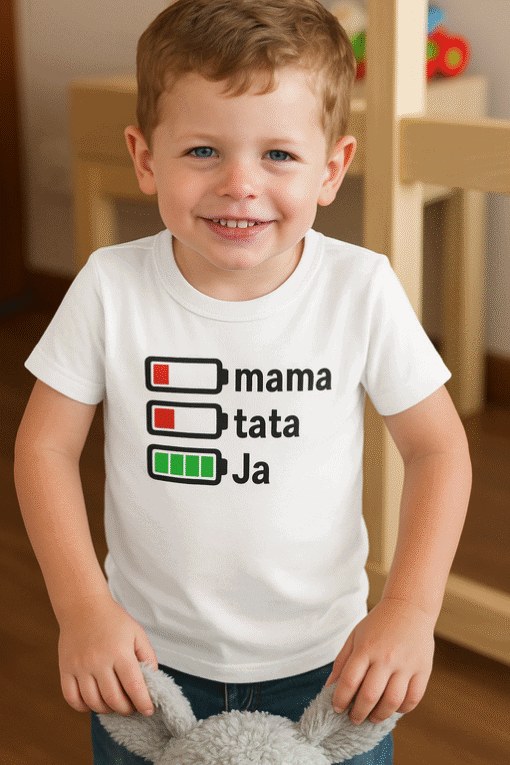 1. Dječja majica s motivacijom o roditeljima i optimističnim punjenjem baterije.