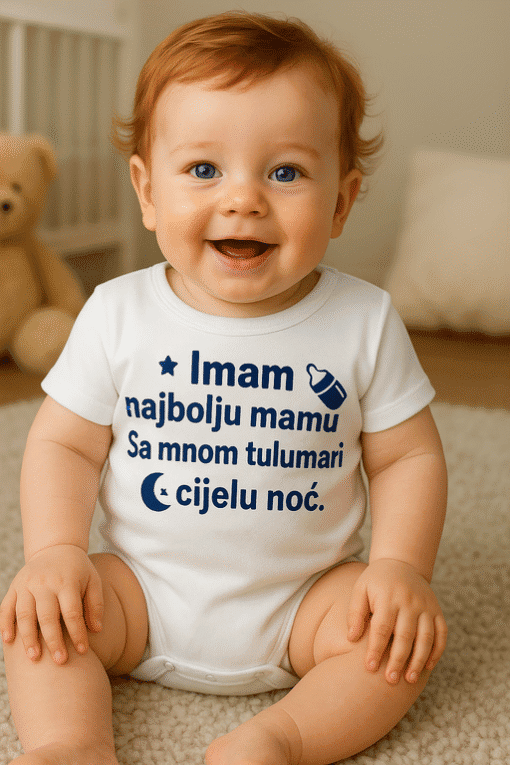 1. Dijete u bijelom bodiju s porukom o majci, ugodno u sobi, top-majice.hr.