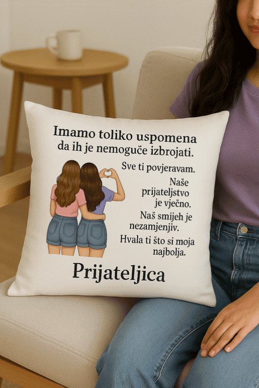 Ženska drži ukrasnu jastučnicu s porukom o prijateljstvu, idealno za osobni poklon ili dekoraciju doma.
