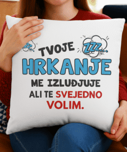 Ljubav prema hrkanju, smiješna iskaznica na jastuku, personalizirani tekst, popularno za poklon ili dekoraciju.