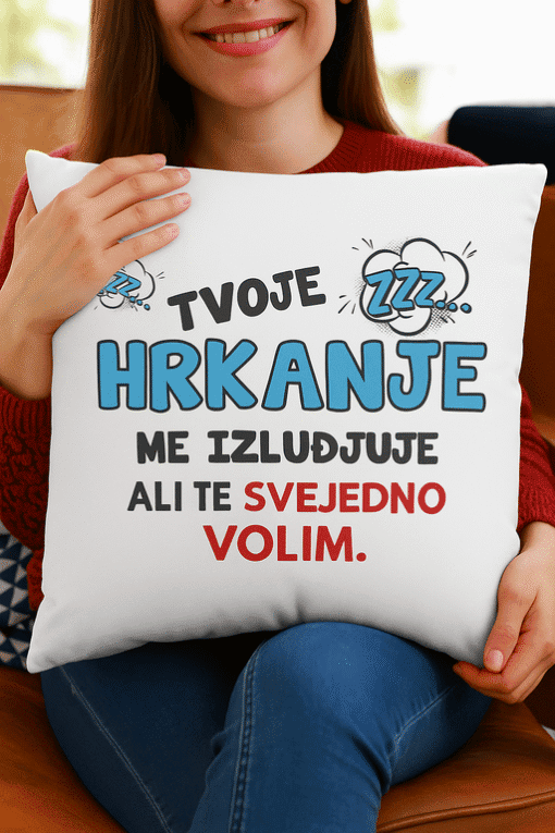 Ljubav prema hrkanju, smiješna iskaznica na jastuku, personalizirani tekst, popularno za poklon ili dekoraciju.